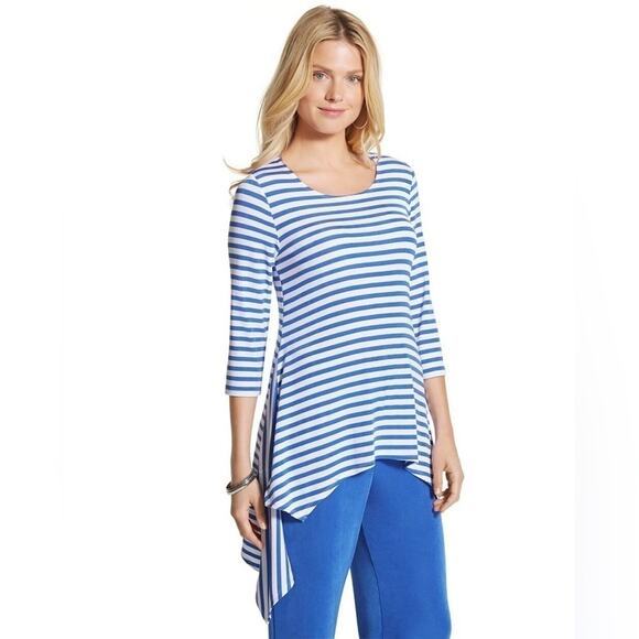 CHICO’S TRAVELERS | Blue White Striped Tunic Top Asymmetrical Hem | Size 2 Large - Picture 2 of 7
